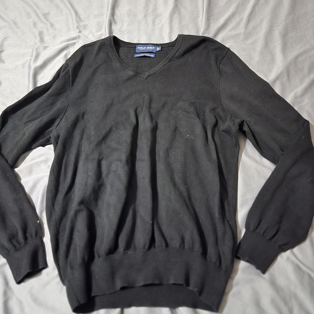 Polo Golf Ralph Lauren Vneck SweatShirt Men Large Crewneck Pullover Cotton Black